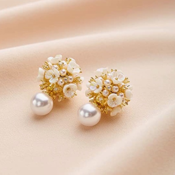 Shell Flower Ball Pearl Double Sided Stud Front Back Earrings for Women Girls 14 - Picture 4 of 5